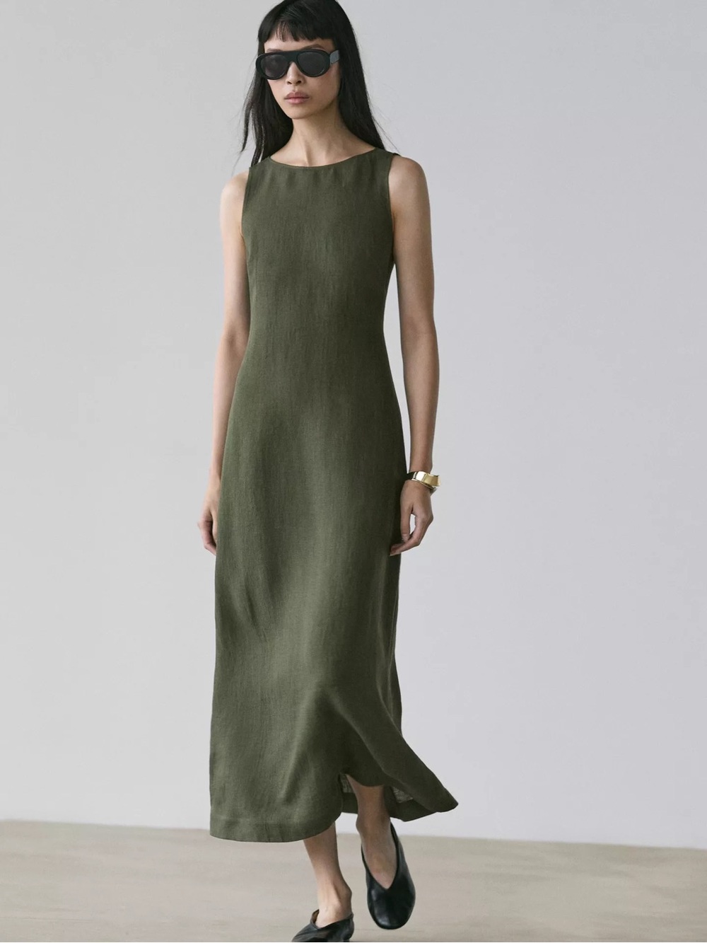 Massimo Dutti Linen Olive Green Sleeveless Maxi Dress - Picture 1 of 9